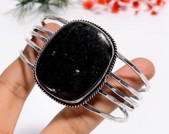 ブラックオニキスオパールチップカフバングル：酸化925スターリング