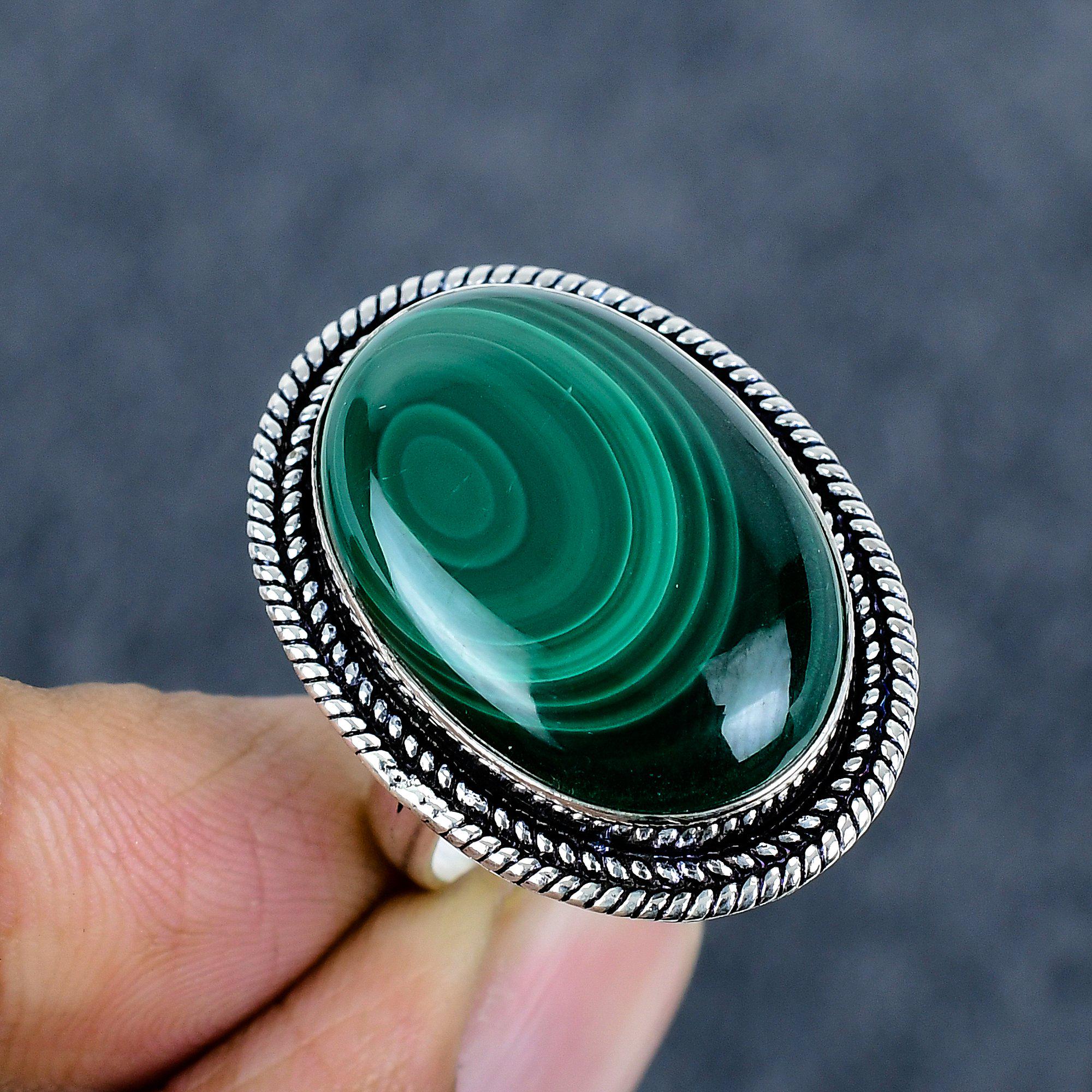 Handmade Malachite Ring: Oval Gemstone, Oxidized Sterling Silver