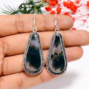 Natural Green Moss Agate Earrings | 925 Sterling Silver Earrings | Handmade Boho Earrings | Designer Earrings | Bohemian Oxidized Earrings