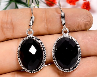 Black Onyx Oval Earrings: Oxidized 925 Sterling Silver, Bohemian Vintage Style