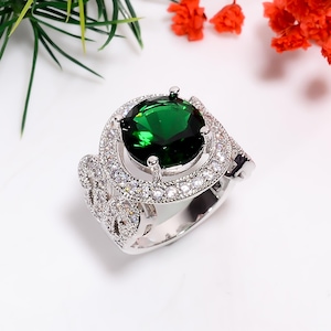 Round Shape Chrome Diopside Ring | 925 Sterling Silver Ring | White Zircon Ring | Wedding Ring | Handmade Statement Ring | Anniversary Ring