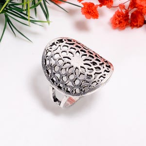 Oxidized Silver Floral Ring: Handmade Bohemian Jewelry