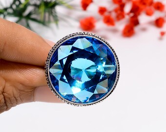 Oxidized Sterling Silver Swiss Blue Topaz Ring - Handmade Vintage Style