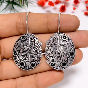 Black Onyx Peacock Earrings: Oxidized Sterling Silver, Gothic Boho