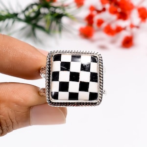 Checkered Board Black & White Onyx Ring | 925 Sterling Silver Ring | Cushion Shape Checkered Ring | Statement Ring | Handmade Bohemian Ring