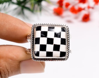 Handmade Checkered Onyx Statement Ring: Oxidized 925 Sterling Silver