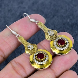 Gold Plated Ruby Zircon Earrings: Handmade Turkish Sterling Silver