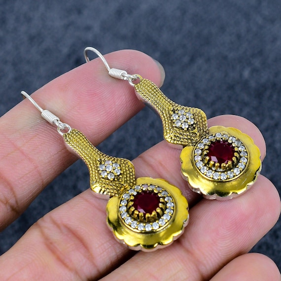 Gold Plated Ruby Zircon Earrings Handmade Turkish 925 Sterling