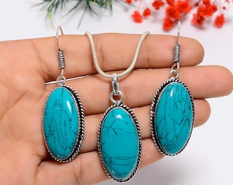 Turquoise Pendant Earring Set: Oxidized Sterling Silver Bohemian Jewelry