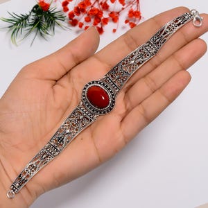 Red Coral Silver Oxidize Bracelet | Filigree Design Cuff Bracelet | Red Coral Jewelry For Woman & Men | Oval Shape Red Coral Cuff Bracelet