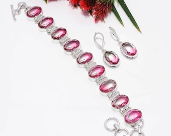 Pink Quartz Sterling Silver Bracelet and Earrings Set, Handmade Jewelry
