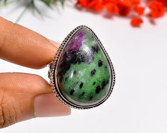 Anel de zoisita com rubi em prata esterlina: anel ajustável estilo Boho em formato de lágrima
