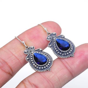 Oxidized Sterling Silver Blue Sapphire Earrings: Handmade Pear Drop