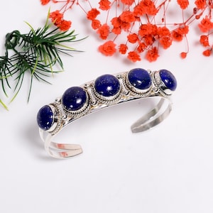 Lapis Lazuli Sterling Silver Cuff Bangle: Adjustable Gemstone Bracelet