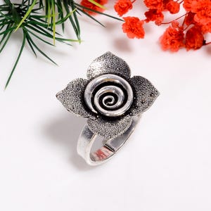 Oxidized Silver Floral Ring: Adjustable Bohemian Design
