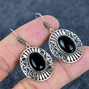 Oxidized Sterling Silver Black Onyx Earrings: Gothic Filigree Jewelry