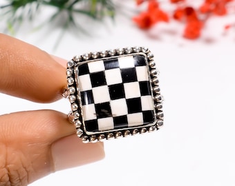 Black White Checkered Onyx Statement Ring | Oxidized 925 Sterling Silver Jewelry