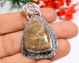 Fossile Koralle Sterling Silber Anhänger: oxidierter Boho Charm