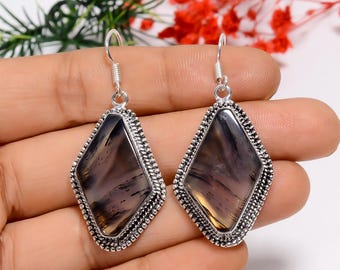Pendientes colgantes de ágata Montana en plata de ley oxidada: joyería bohemia