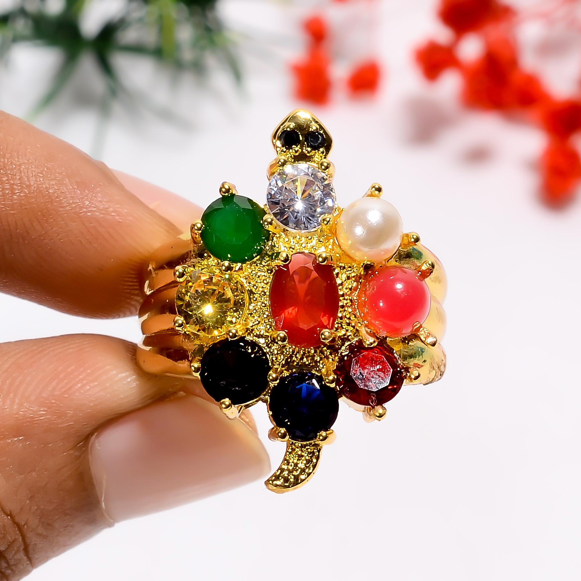 Multi Gemstone Tortoise Ring: 925 Sterling Silver Gold Plated 