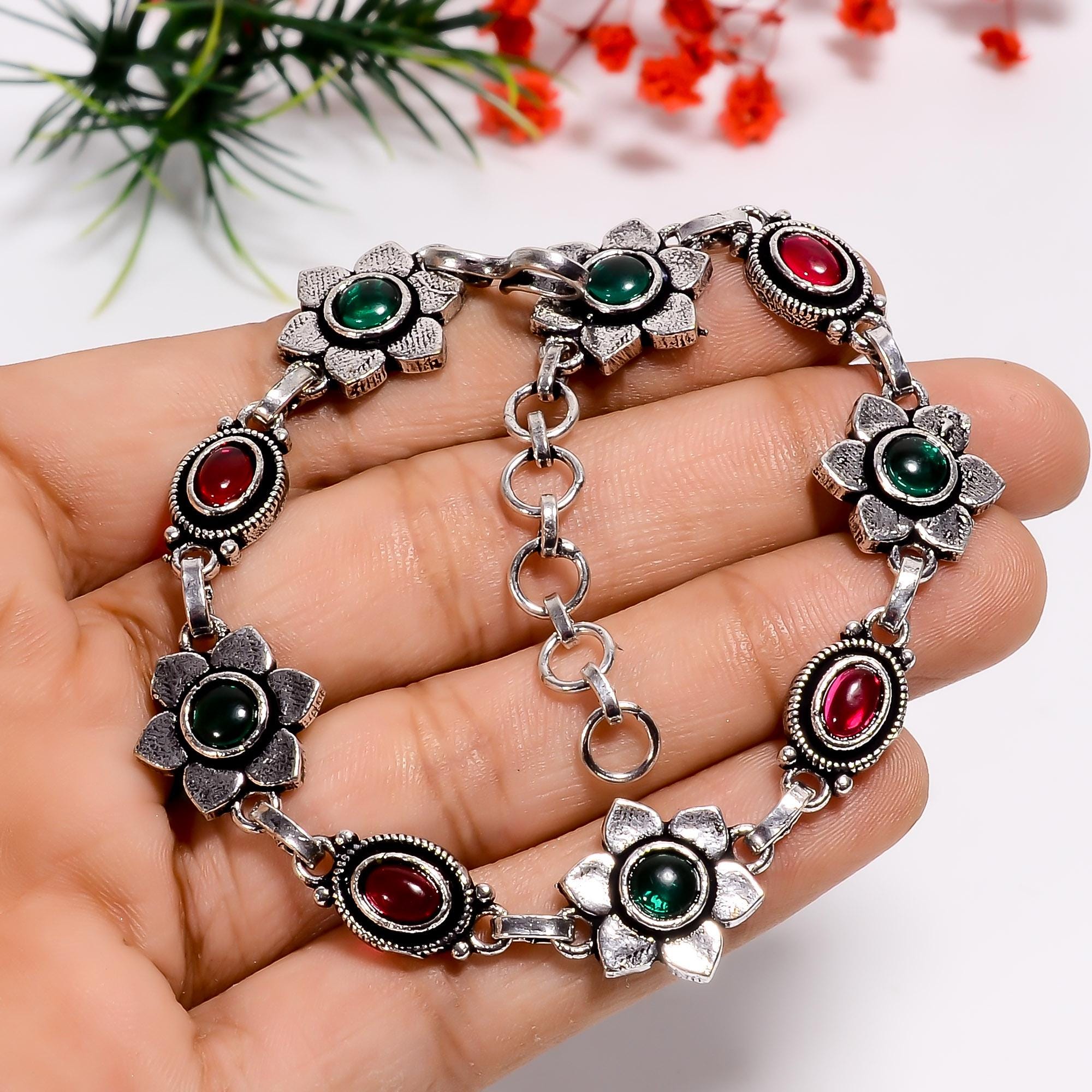 Handmade Red & Green Onyx Sterling Silver Bracelet - Adjustable