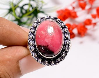 Anillo de rodonita en plata esterlina hecho a mano: joyería bohemia con piedras preciosas