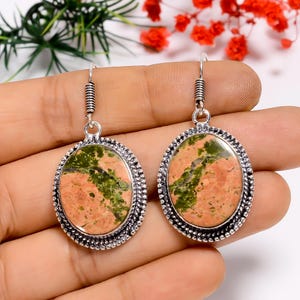 Unakite Oval Sterling Silver Earrings: Handmade Bohemian Jewelry
