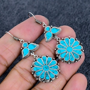 Oxidized Sterling Silver Turquoise Flower Earrings: Gothic Bohemian Jewelry