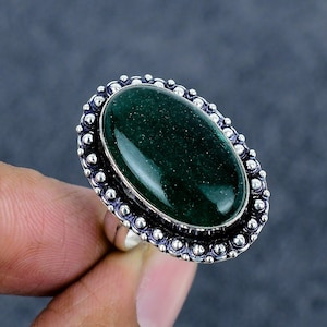Green Aventurine Sterling Silver Ring: Bohemian Oxidized Gemstone Jewelry