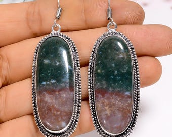 Oxidized Sterling Silver Moss Agate Earrings: Handmade Bohemian Jewelry