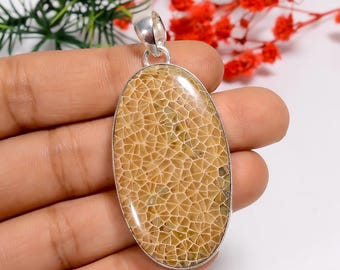 Fossile Koralle Sterling Silber Anhänger: Handgemachter Boho Schmuck