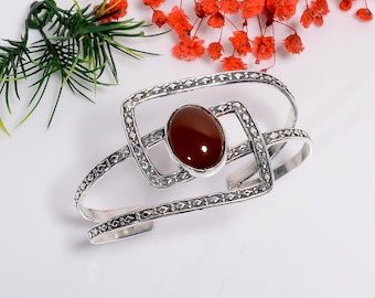 Roter Onyx Edelstein 925 Sterling Silber Manschette Armreif - Verstellbares Designer Oxidiertes Armband