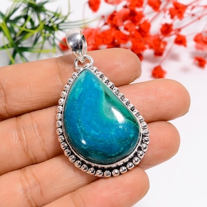 Chrysocolla Sterling Silver Pendant: Vintage Bohemian Jewelry