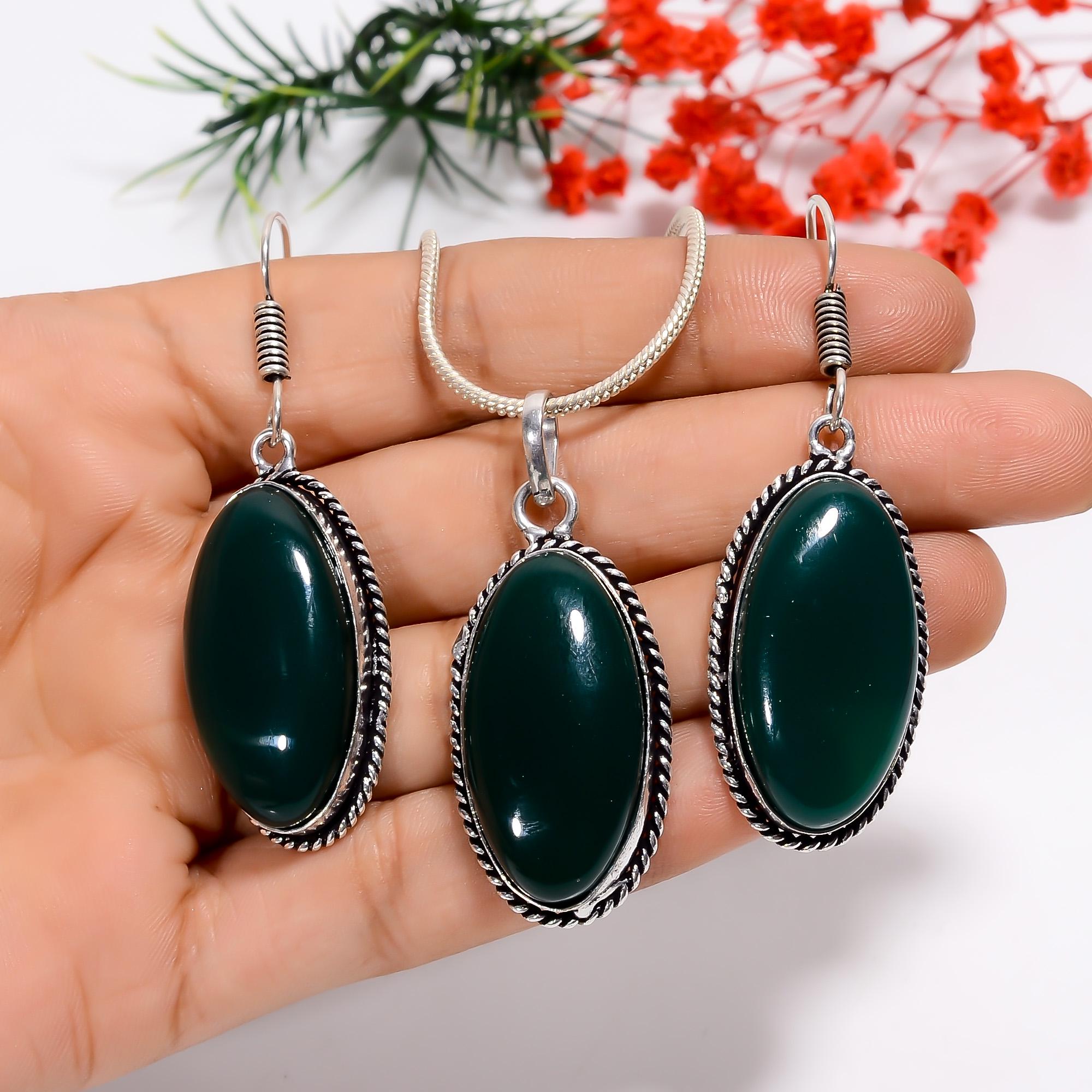 Green Onyx Sterling Silver Jewelry Set: Oxidized Boho Pendant