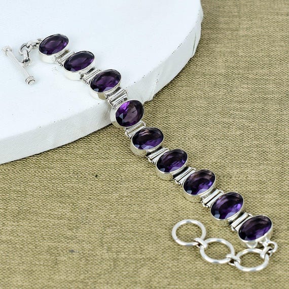 Bracelet Manchette En Argent 925 Avec Améthyste - Bijou Fait Main, Pierre Violette 14mm