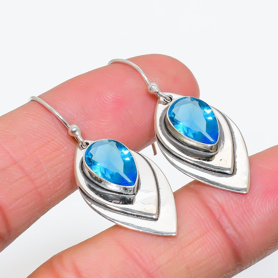 Ensemble De Boucles Fleming Superposées 1/2" Argent Sterling Pierre Bleue - Occasion