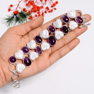 Amethyst Biwa Pearl Bracelet: Handmade Sterling Silver Adjustable Bohemian Jewelry