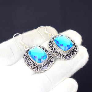 Blue Mystic Topaz Cushion Earrings: Oxidized 925 Sterling Silver