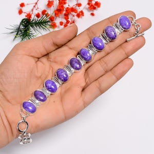 Charoite Oval Bracelet: Handmade 925 Sterling Silver Adjustable Jewelry