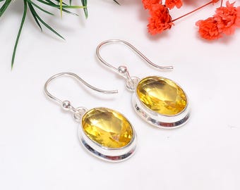 Oval Yellow Citrine Earrings: Handmade 925 Sterling Silver Ear-Wire