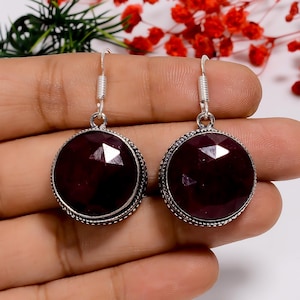 Kashmir Ruby Round 925 Sterling Silver Earrings - Vintage Handmade