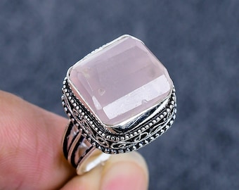 Oxidized Sterling Silver Rose Quartz Ring: Handmade Bohemian Jewelry