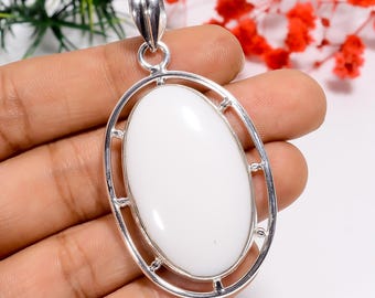 Oxidized Sterling Silver White Coral Pendant - Handmade Oval Gemstone