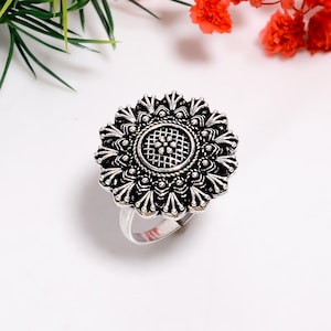 Silver Oxidized Flower Design Ring | Handmade Ring | Adjustable Ring | Vintage Style Ring | Oxidized Silver Ring | Perfect Gift For Women
