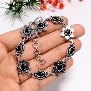 Black Onyx Sterling Silver Bracelet: Handmade Floral Design, Adjustable Chain