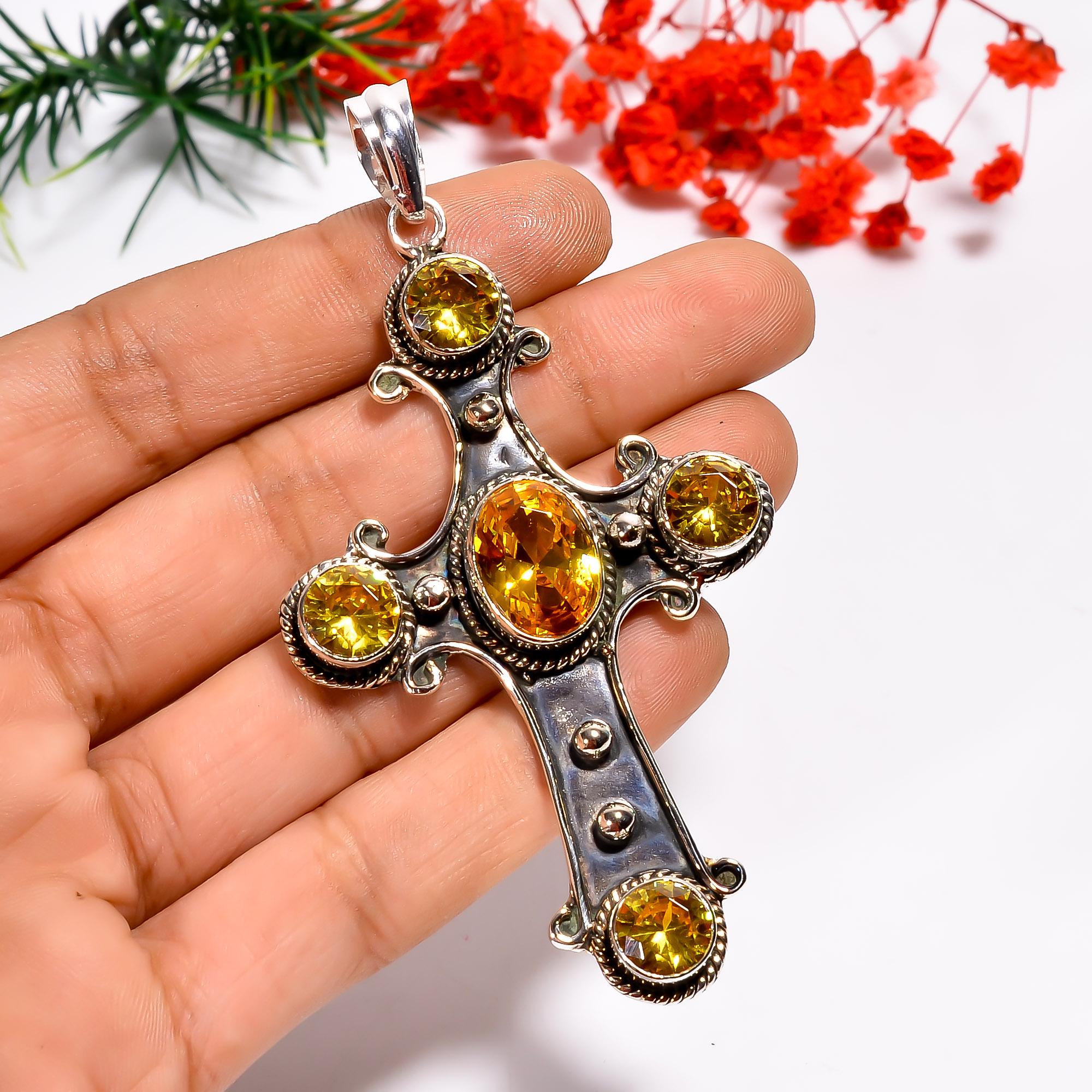 Handmade Citrine Cross Pendant: Vintage Sterling Silver Gothic