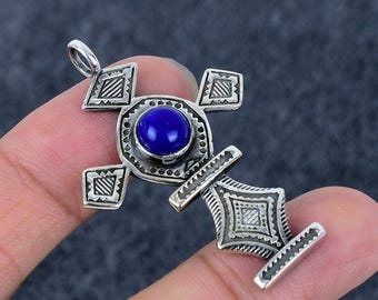 Geoxideerd zilveren Jezuskruis-hanger: lapis lazuli, Tibetaanse stijl