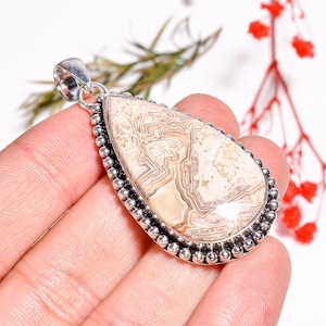 Pear Laguna Lace Agate Pendant: Oxidized Sterling Silver, Handmade