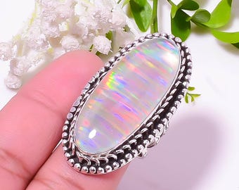 White Arora Opal Ring • Long Rainbow Fire Statement Ring