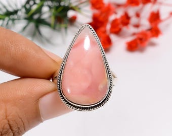 Oxidized Sterling Silver Pink Opal Ring - Adjustable Vintage Style